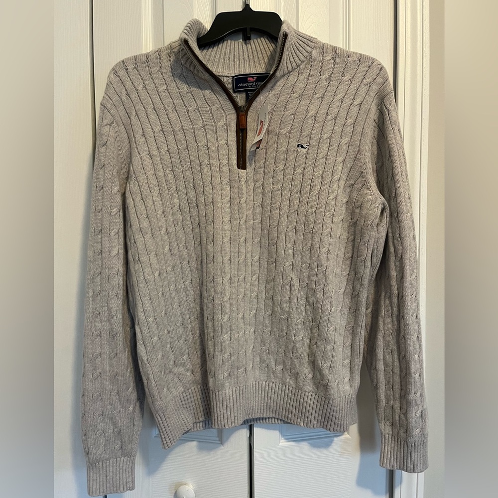 Vineyard vines, men’s large cable knit sweater, 1/4 zip grey, NEW WITH TAGS